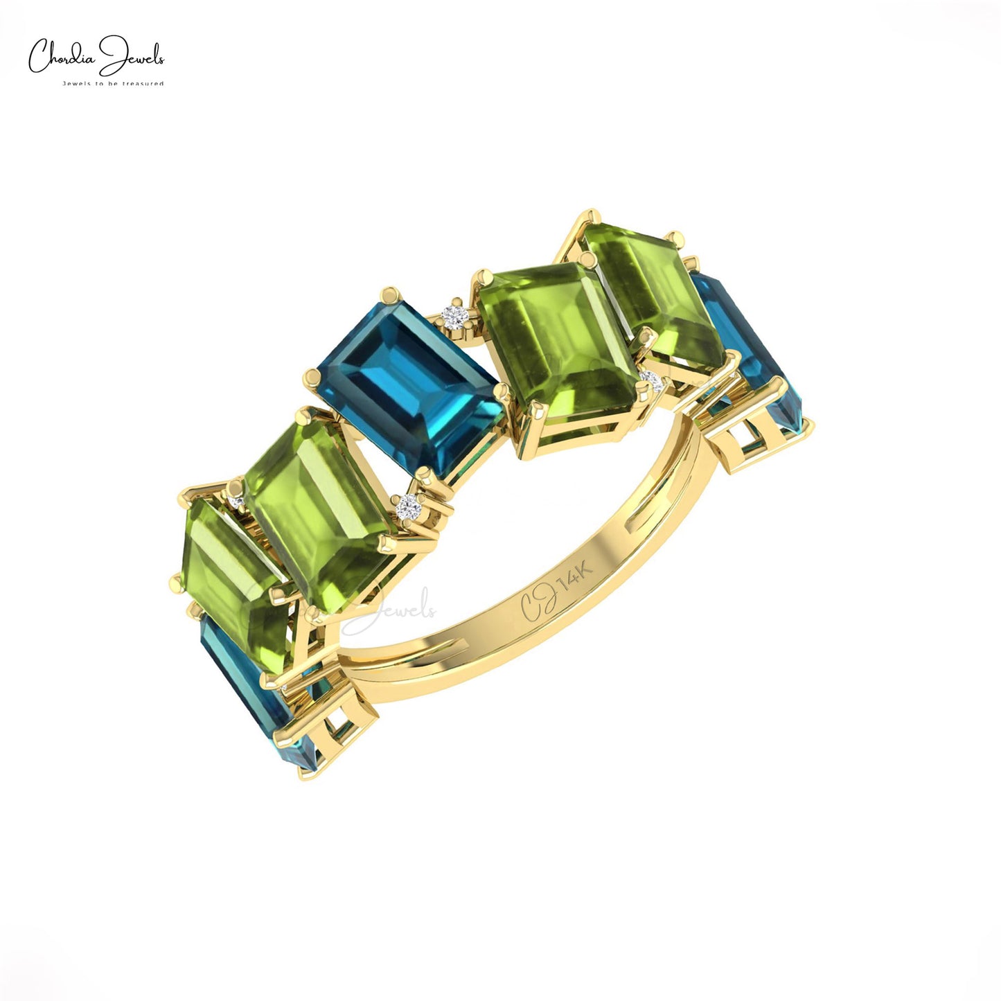 14k Gold Half Eternity Ring with London Blue Topaz, Peridot, and Diamonds