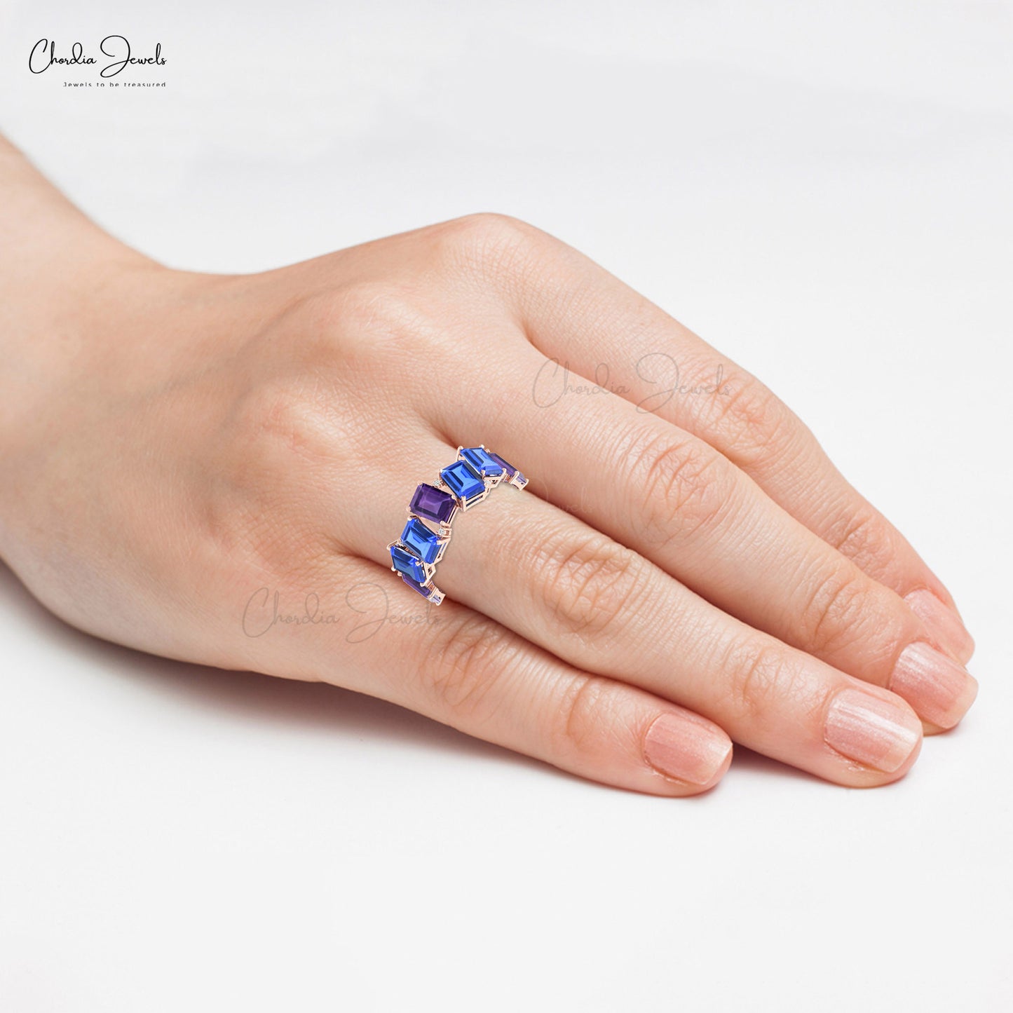 Real 14k Gold 7 Stone Stack Band With 7x5mm Amethyst And Tanzanite Diamond Halfway Ring