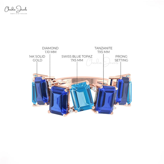 Elegant Tanzanite, Blue Topaz, and Diamond Half Eternity Ring