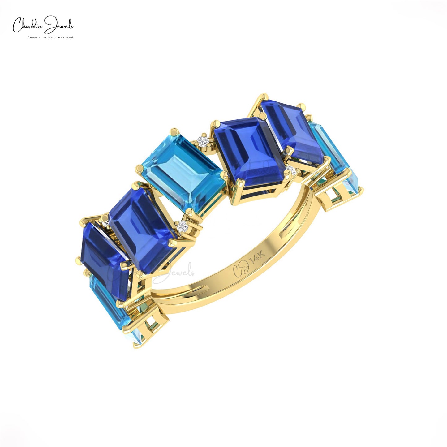 14k Gold Seven-Stone Half Eternity Ring with Swiss Blue Topaz & Tanzanite