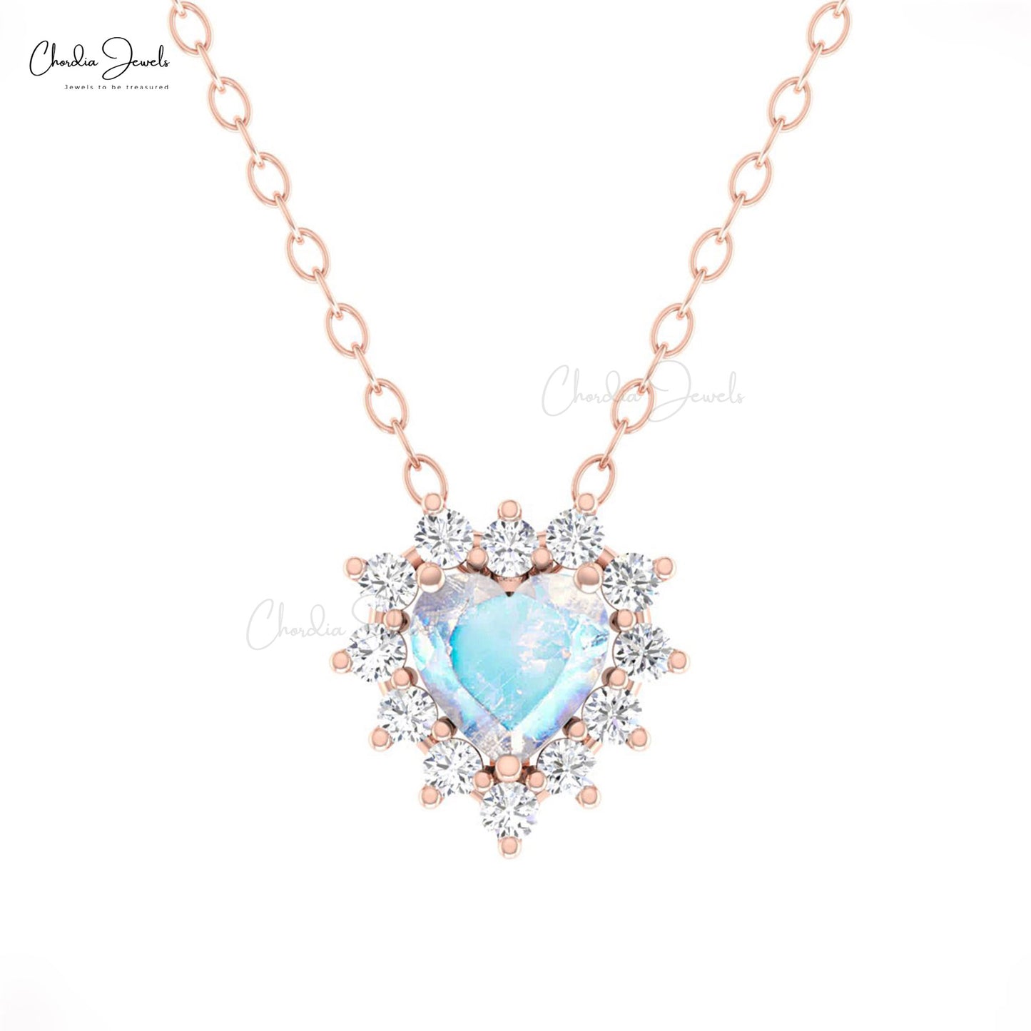 Heart Gemstone Chain Necklace In 14k Real Gold Rainbow Moonstone Diamond Bridal Necklaces