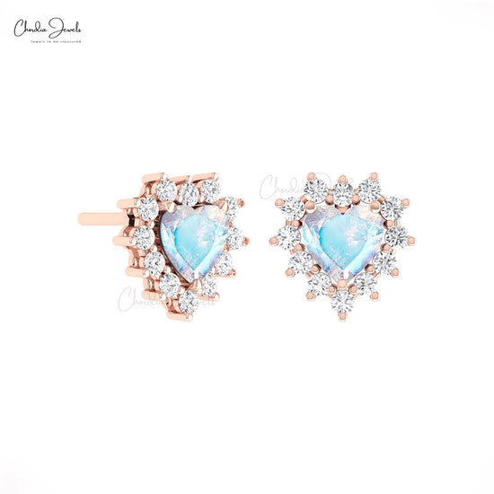 Cluster Halo Diamond Earrings With 5mm Rainbow Moonstone Prong Set In 14k Gold Studs