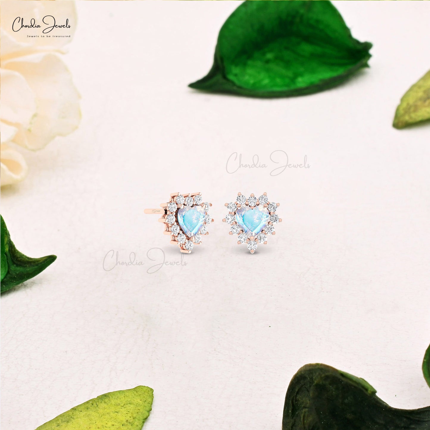 Cluster Halo Diamond Earrings With 5mm Rainbow Moonstone Prong Set In 14k Gold Studs