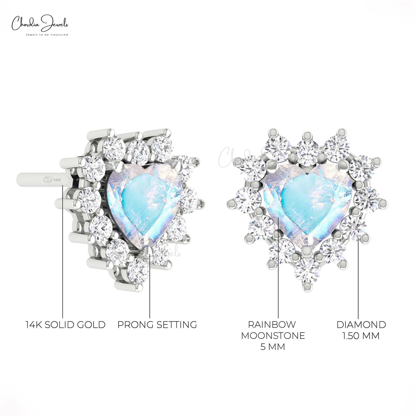 Cluster Halo Diamond Earrings With 5mm Rainbow Moonstone Prong Set In 14k Gold Studs