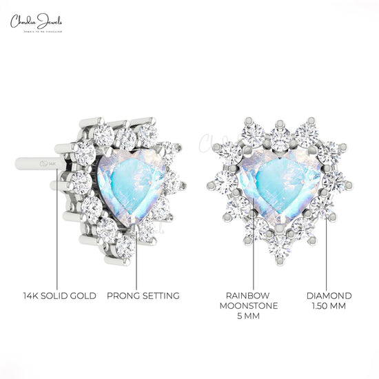 Cluster Halo Diamond Earrings With 5mm Rainbow Moonstone Prong Set In 14k Gold Studs
