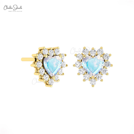 Cluster Halo Diamond Earrings With 5mm Rainbow Moonstone Prong Set In 14k Gold Studs