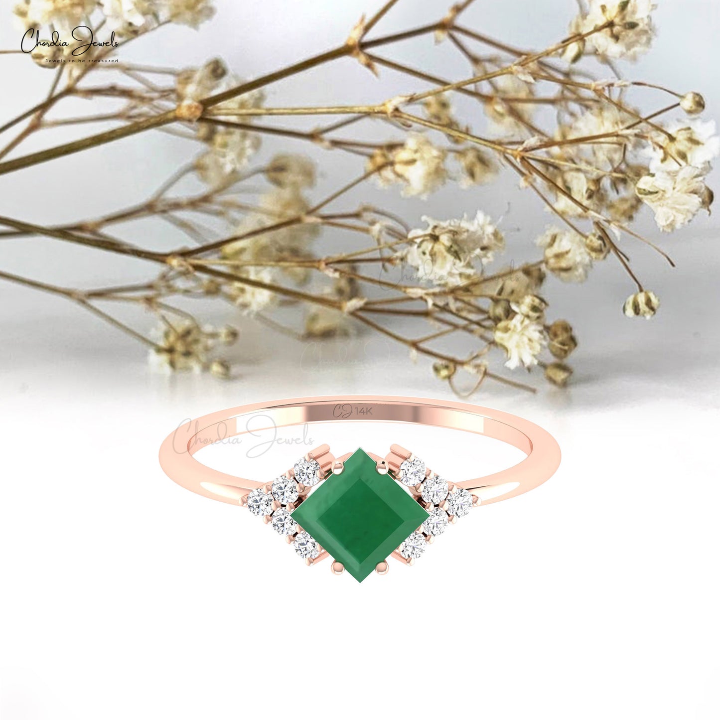 Real Emerald Half Halo Ring 14k Solid Gold Diamond Accents Handmade Ring