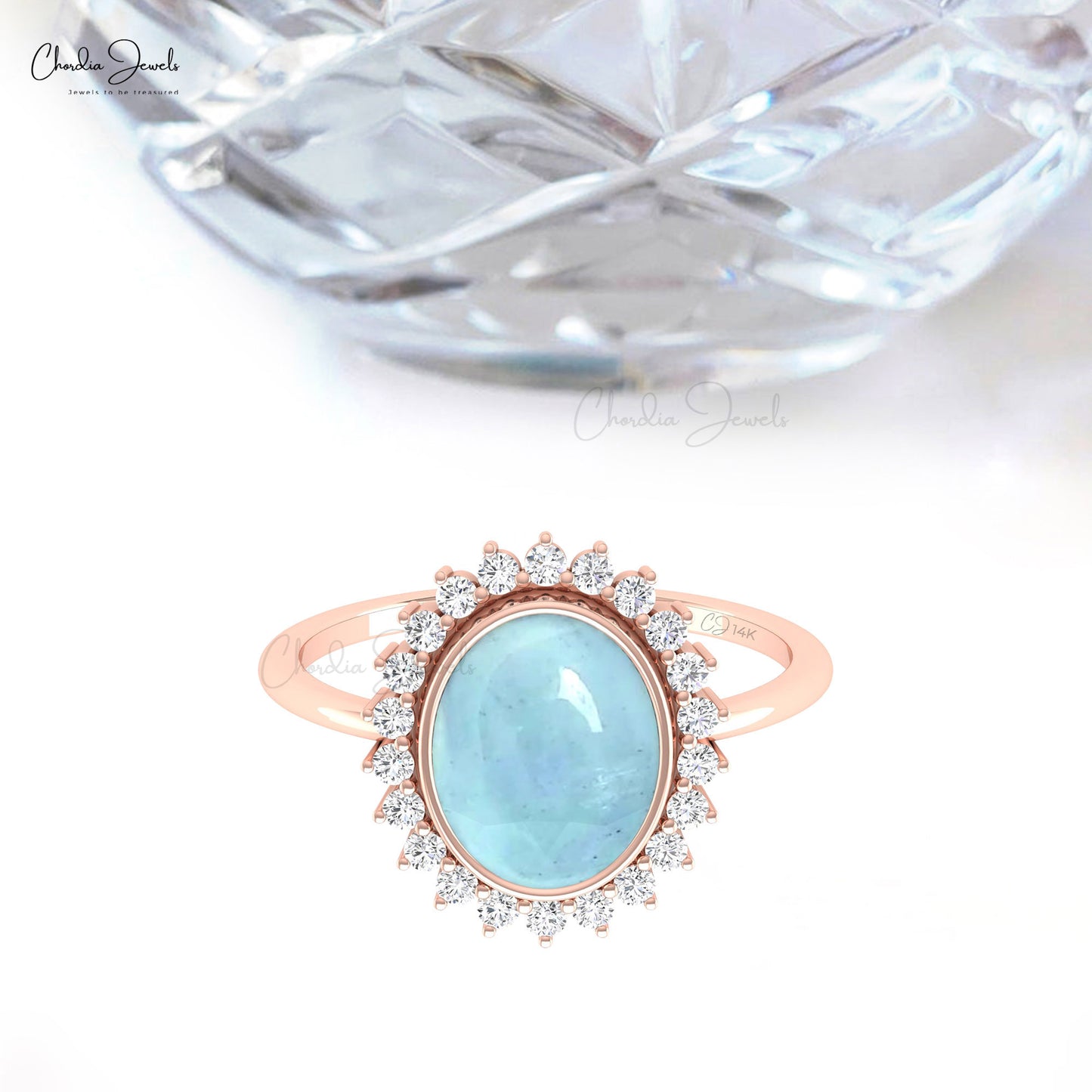 Bezel Set Halo Promise Ring With 10x8mm Aquamarine And Diamond  14k Real Gold Women Ring