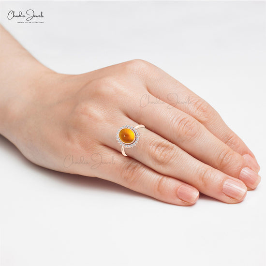 Delicate Citrine Statement Ring With Halo Diamond 14k Real Gold Handmade Rings For Her