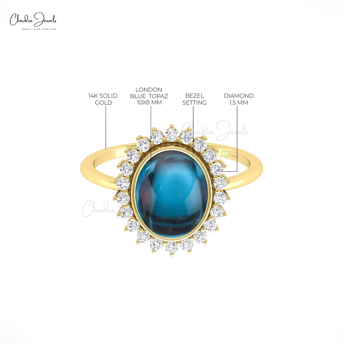 Diamond Halo Wedding Ring In 14k Solid Gold London Blue Topaz Bezel Set Hallmark Ring