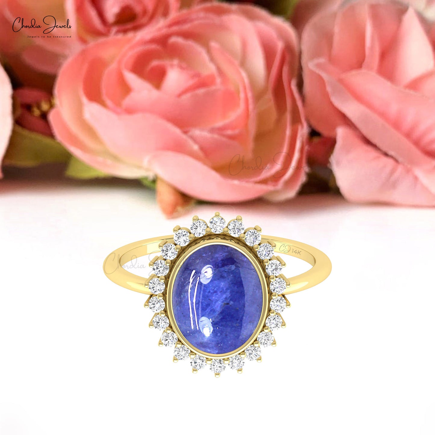 Statement Halo Diamond Ring With 10x8mm Tanzanite Bezel Set In 14k Real Gold Bridal Rings