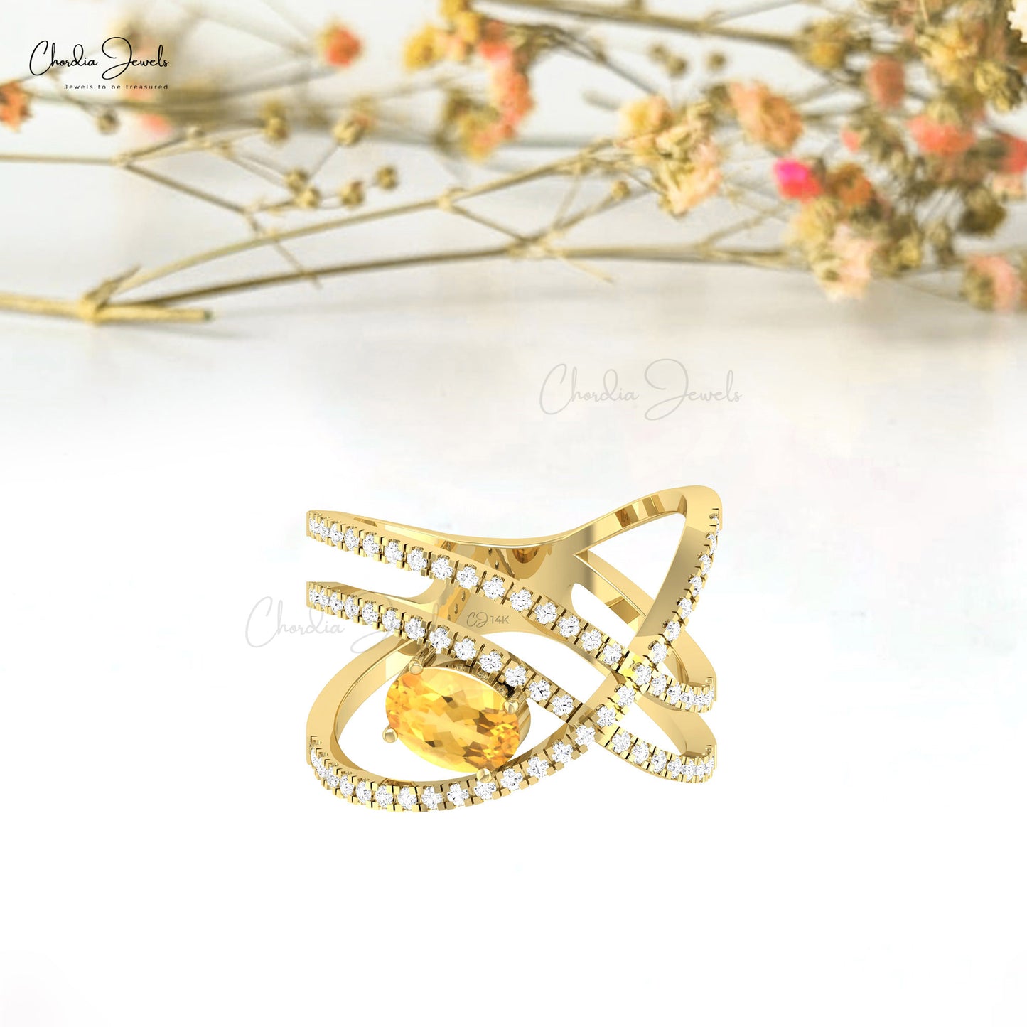 Diamond Overlapping Ring With 0.72 Ct Citrine Oval Cut 14k Real Gold Wedding Rings