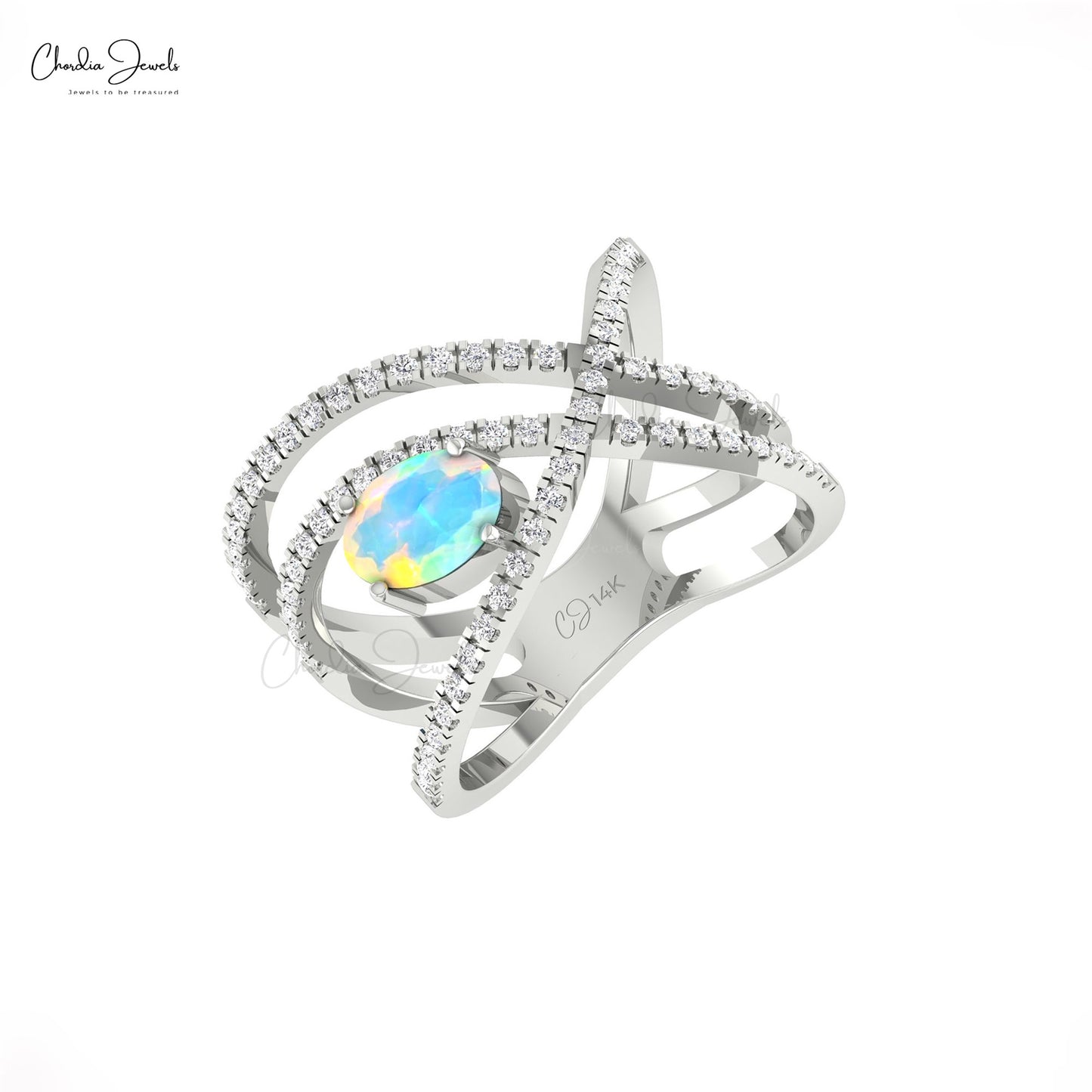Dual Birthstone Crossover Ring In Solid 14k Gold Fire Opal And Diamond Handmade Ring