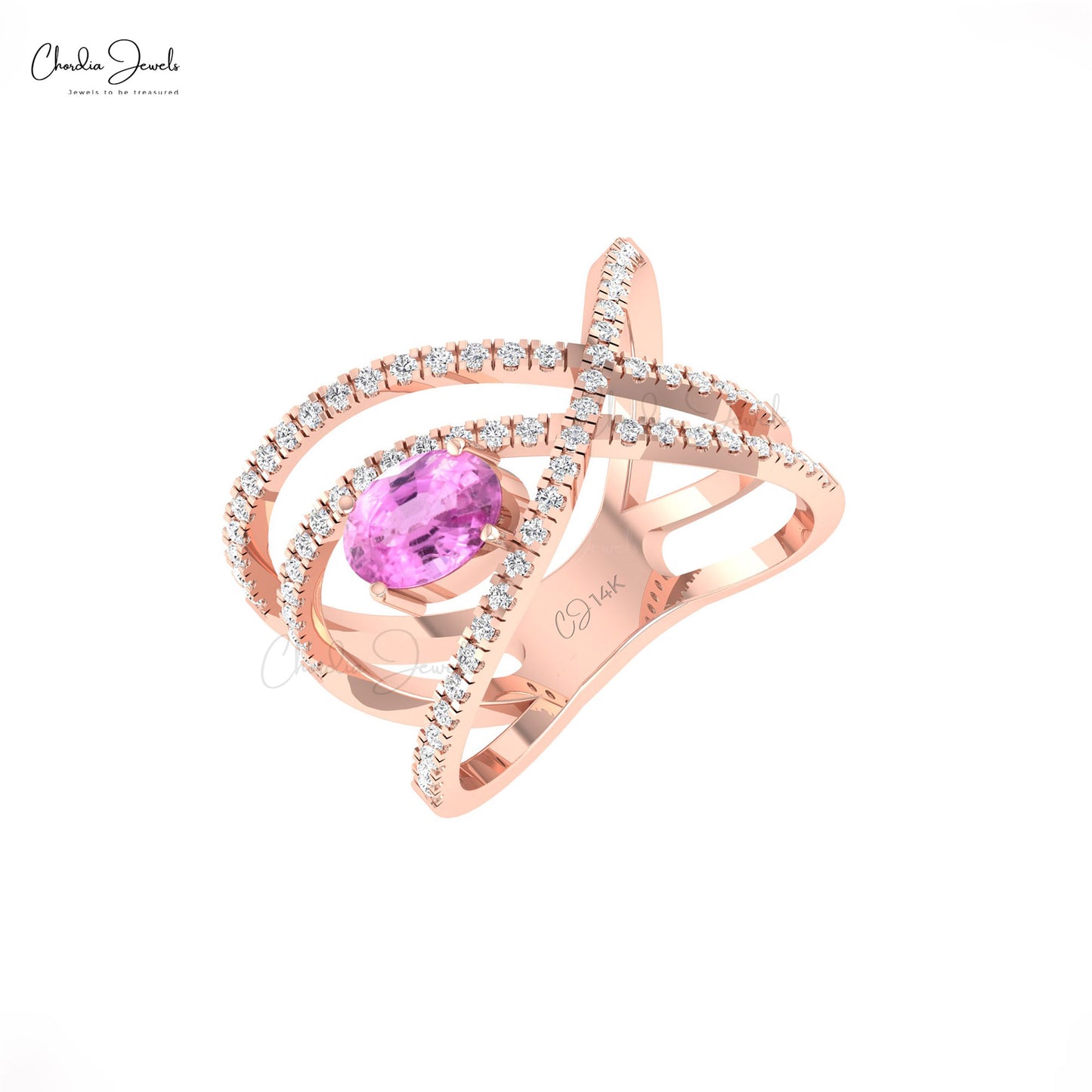 Infinity Gemstone Ring With 7x5mm Pink Sapphire & Diamond Cross Ring In 14k Solid Gold