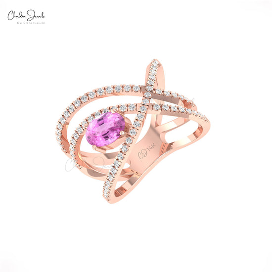 Infinity Gemstone Ring With 7x5mm Pink Sapphire & Diamond Cross Ring In 14k Solid Gold