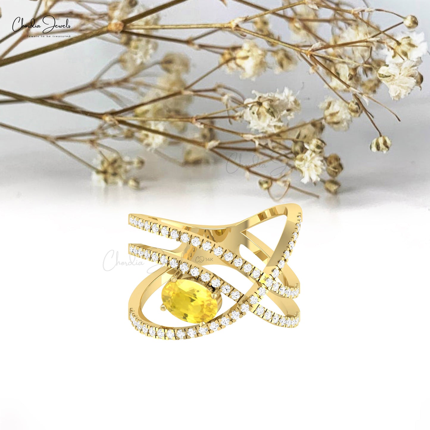 Real 14k Gold Crossover Ring With 7x5mm Yellow Sapphire And Pave Diamond Women Ring