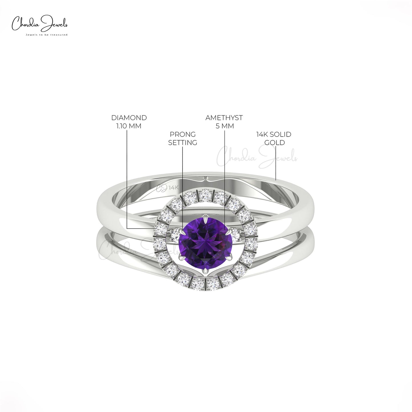 Real 14k Gold Solitaire Halo Ring with 0.45 Ct Amethyst And Diamond Circle Promise Ring