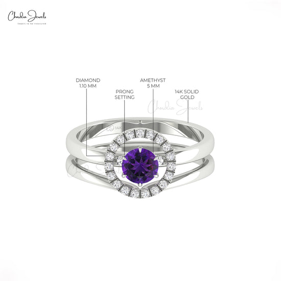 Real 14k Gold Solitaire Halo Ring with 0.45 Ct Amethyst And Diamond Circle Promise Ring