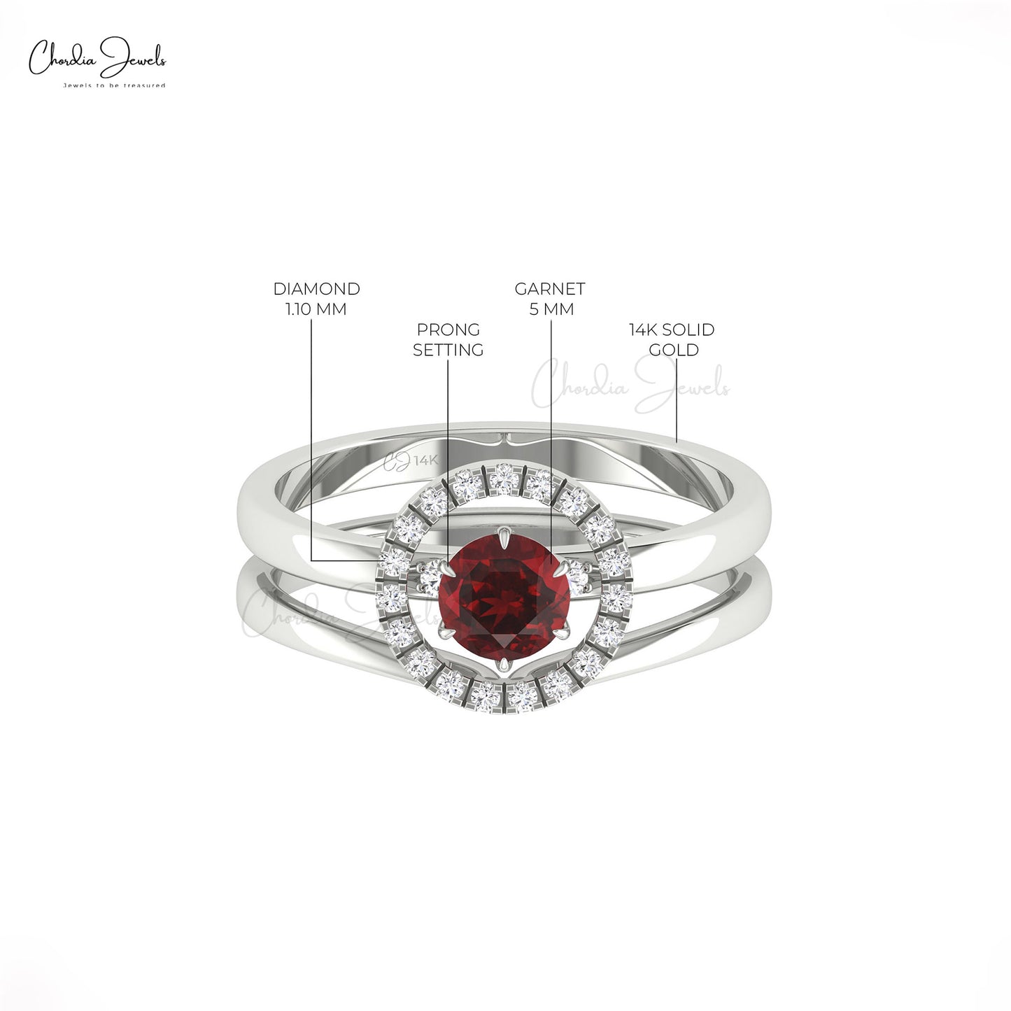 Double Stack Diamond Band In 14k Solid Gold Red Garnet 5mm Round Cut Halo Bridal Rings