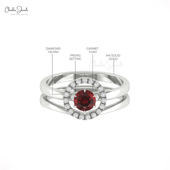 Double Stack Diamond Band In 14k Solid Gold Red Garnet 5mm Round Cut Halo Bridal Rings