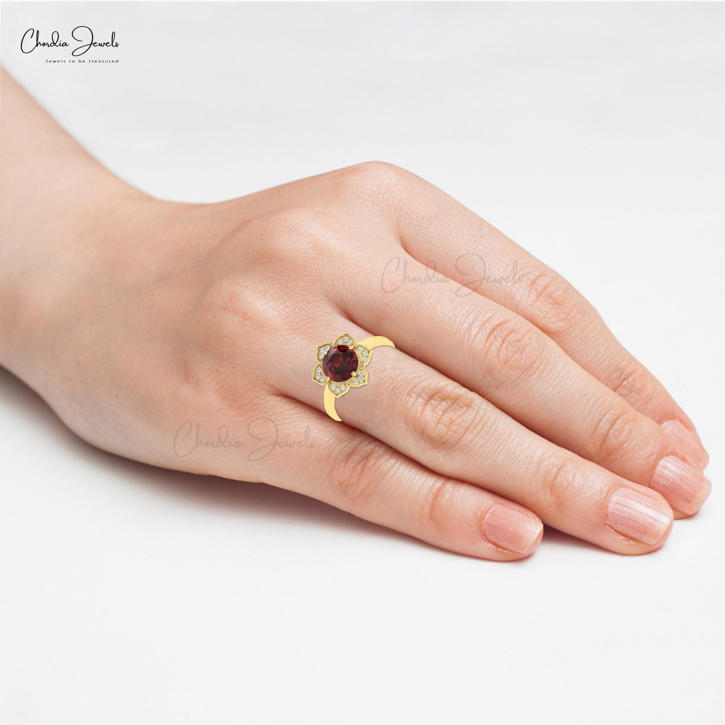 Diamond Floral Daisy Ring In Solid 14k Gold Red Garnet 8mm Round Cut Halo Rings For Her