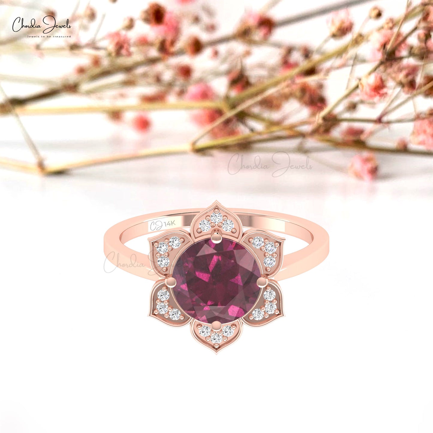 Rhodolite Garnet And Diamond Flower Style Ring With 1.5 CT Gemstone In 14k Solid Gold Handmade Jewelry