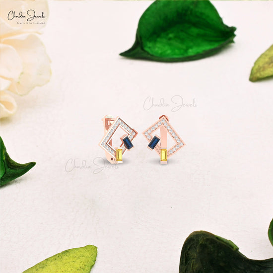 Baguette 2 Stone Earrings In 14k Real Gold Yellow & Blue Sapphire Diamond Hallmark Hoops