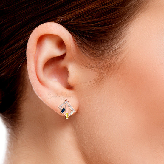 Baguette 2 Stone Earrings In 14k Real Gold Yellow & Blue Sapphire Diamond Hallmark Hoops