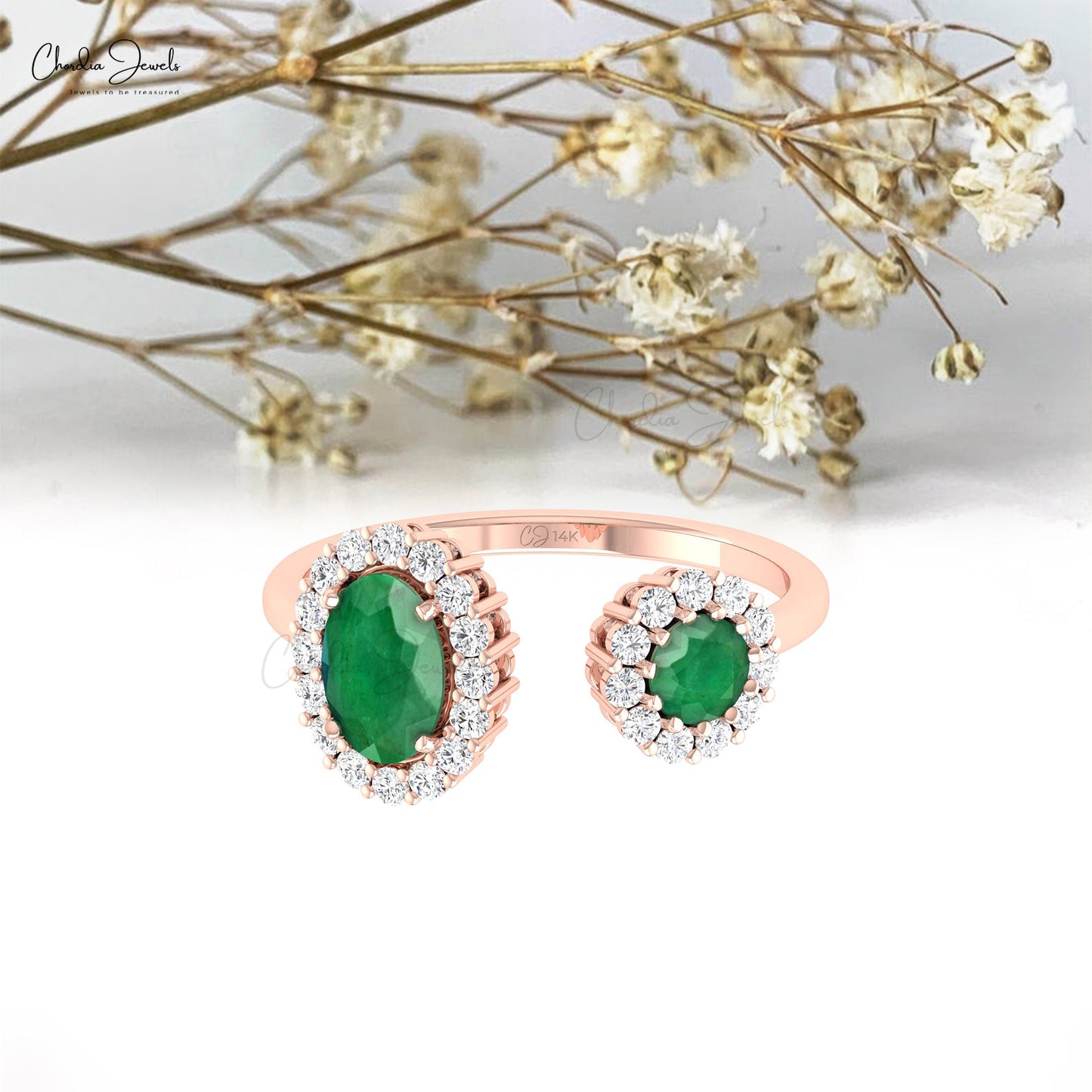 Adjustable Split Shank Ring With 7x5mm Emerald And Diamond Halo 14k Real Gold Rings
