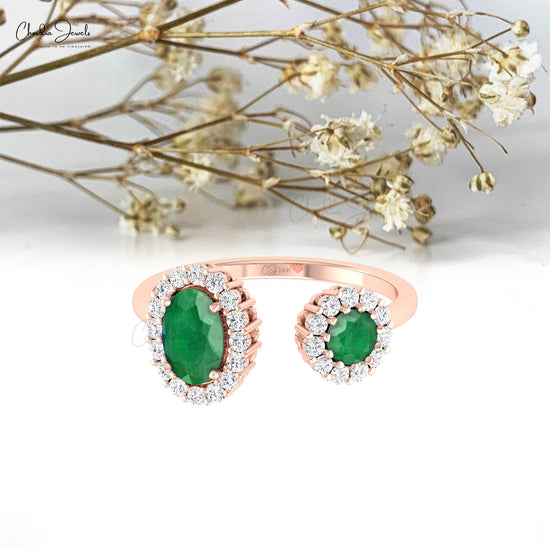 Adjustable Split Shank Ring With 7x5mm Emerald And Diamond Halo 14k Real Gold Rings