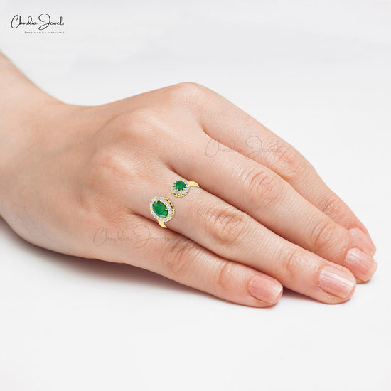Adjustable Split Shank Ring With 7x5mm Emerald And Diamond Halo 14k Real Gold Rings