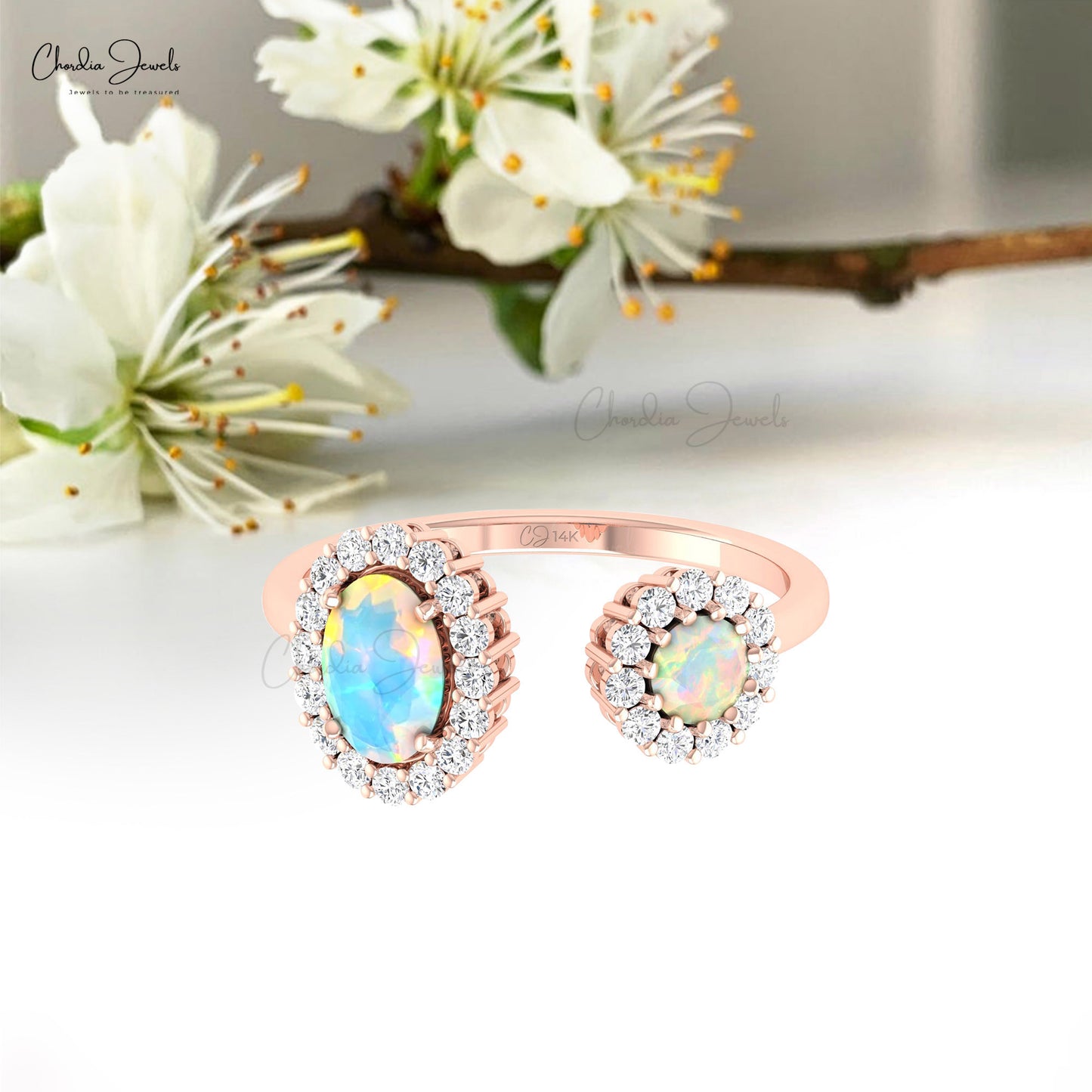 Solid 14k Gold Adjustable Split Shank Ring With Prong Set Opal And 1.5mm Halo Diamond Fine Ring