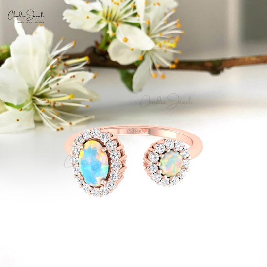 Solid 14k Gold Adjustable Split Shank Ring With Prong Set Opal And 1.5mm Halo Diamond Fine Ring