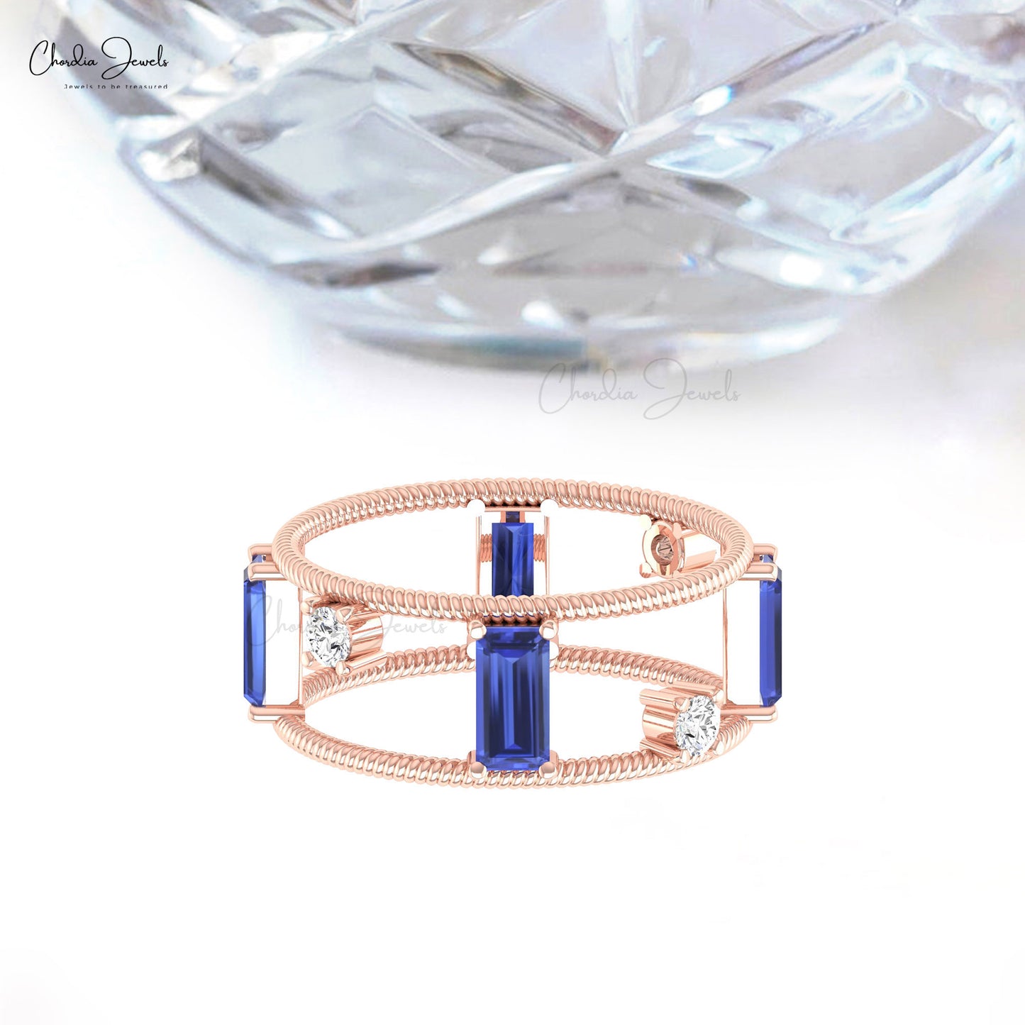 Prong Set Diamond & Baguette Blue Tanzanite Accented In 14k Solid Gold Twisted Wire Ring