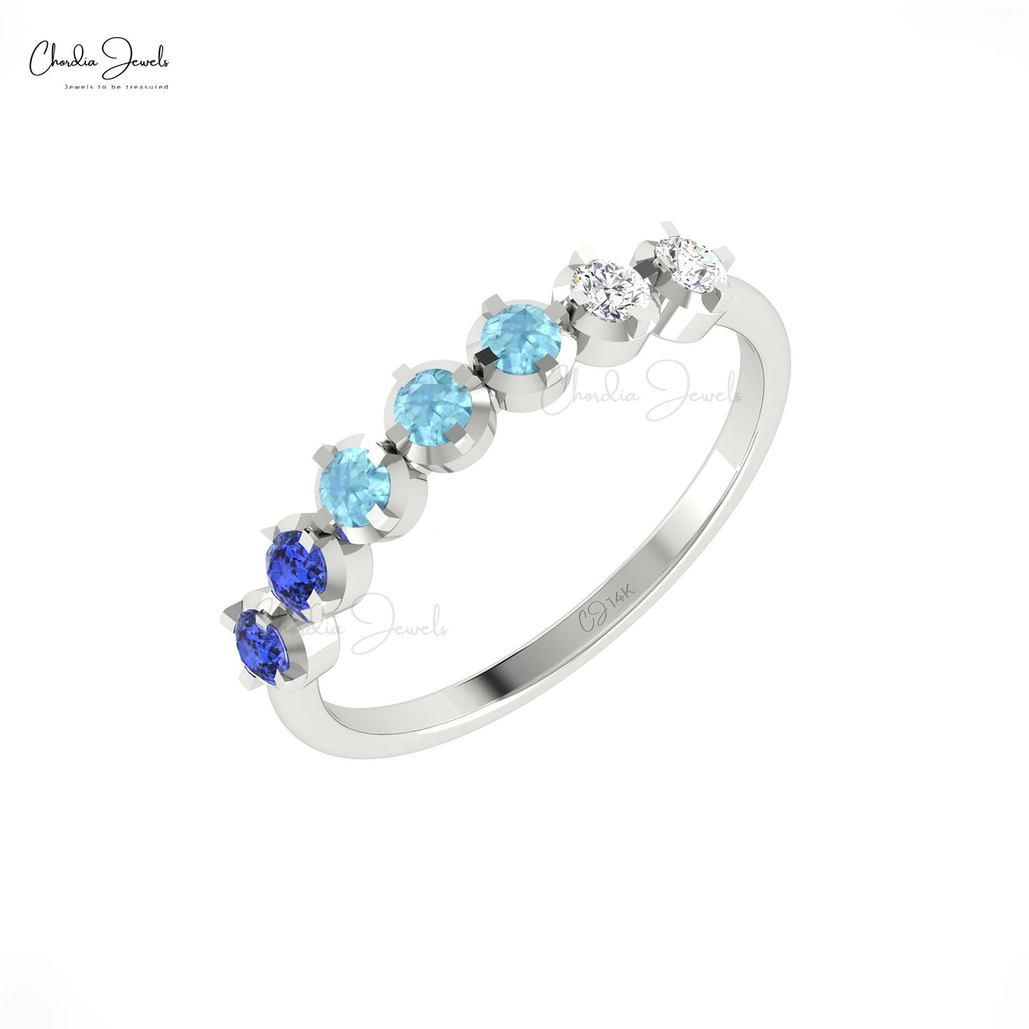 14k Gold Seven Stone Half Eternity Band with Tanzanite & Aquamarine