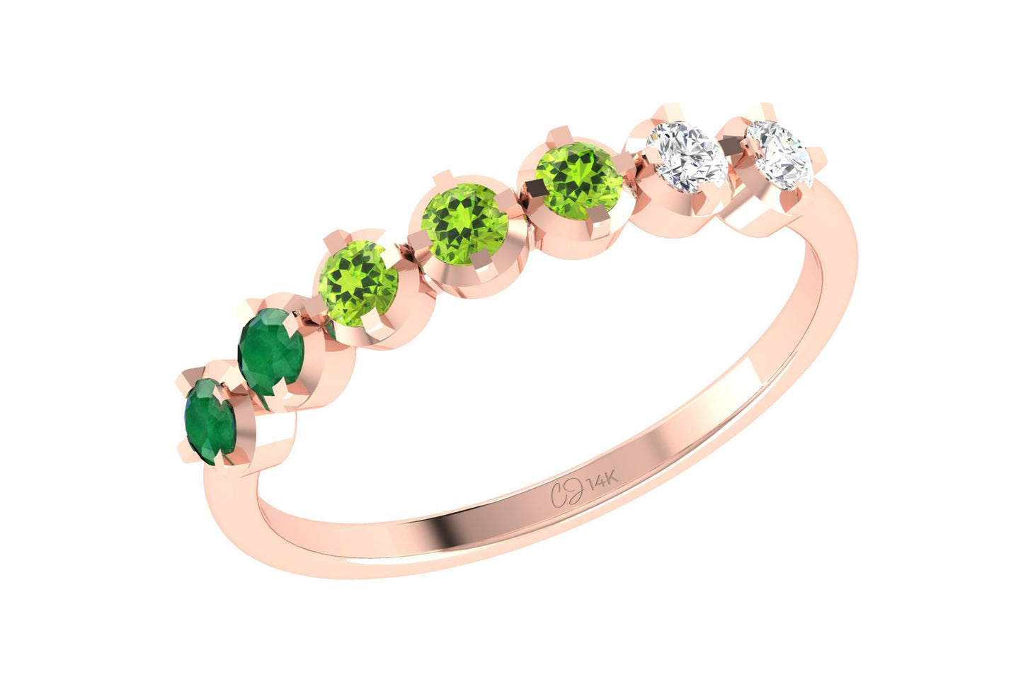 Stackable 7 Stone Ring In 14k Pure Gold Emerald And Peridot Diamond Half Eternity Band