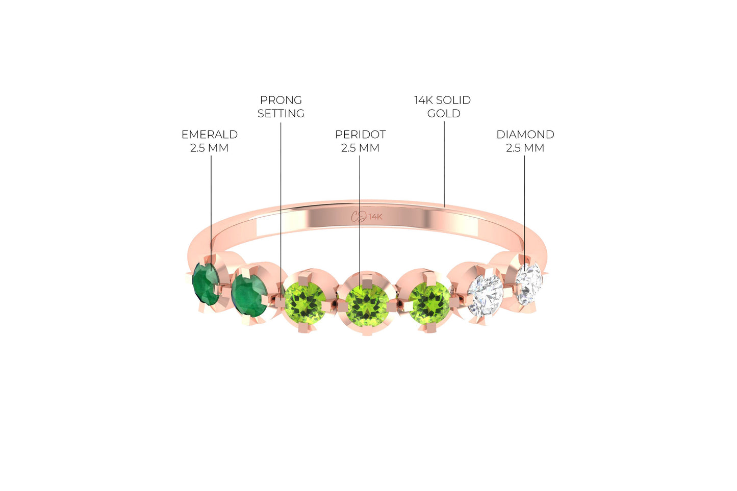 Stackable 7 Stone Ring In 14k Pure Gold Emerald And Peridot Diamond Half Eternity Band