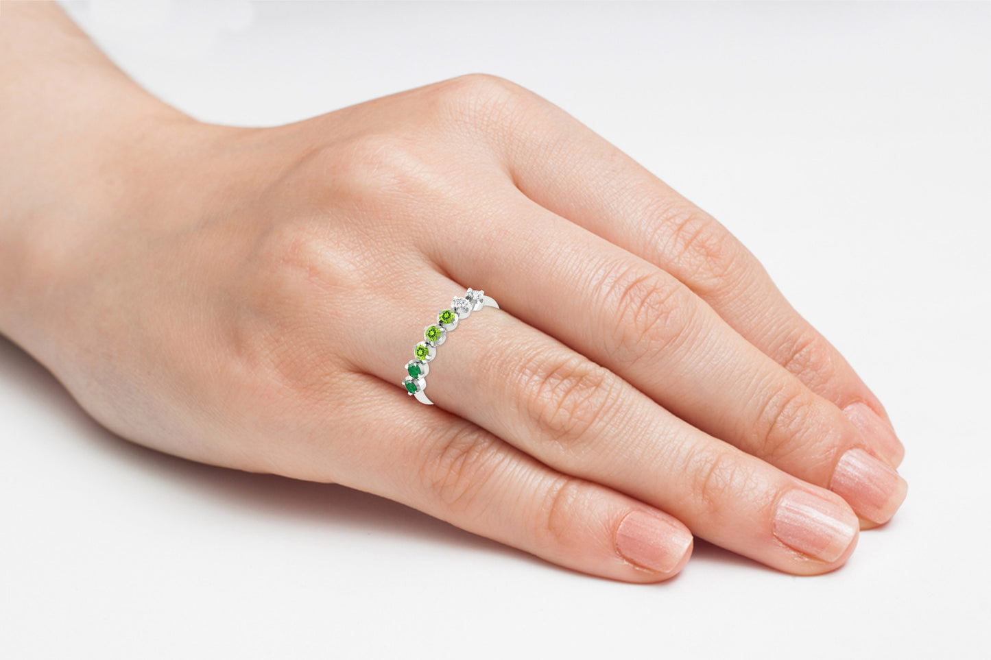 Stackable 7 Stone Ring In 14k Pure Gold Emerald And Peridot Diamond Half Eternity Band