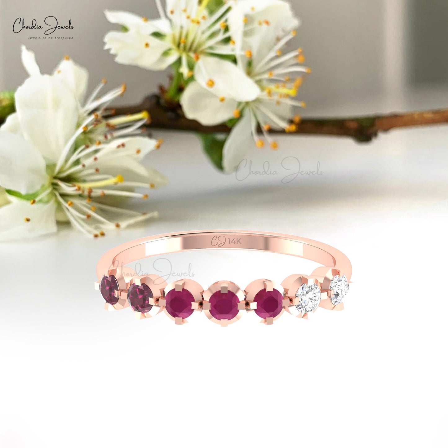 Seven Stone Band Ring Red Ruby Halfway Ring 14k Gold 2.50mm Rhodolite And Diamond Half Eternity Ring