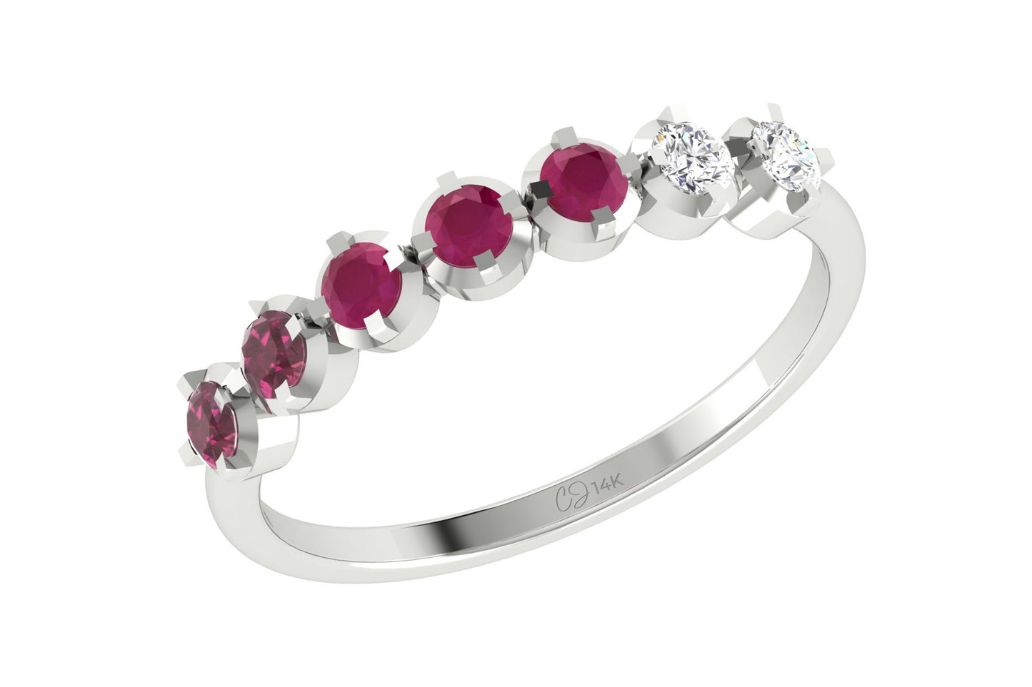 Seven Stone Stack Band In 14k Gold Ruby And Rhodolite Garnet Diamond Half Eternity Ring