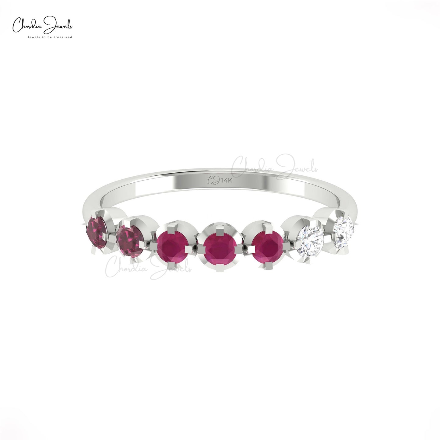 14k Gold Seven Stone Band with Ruby, Garnet, and Diamonds