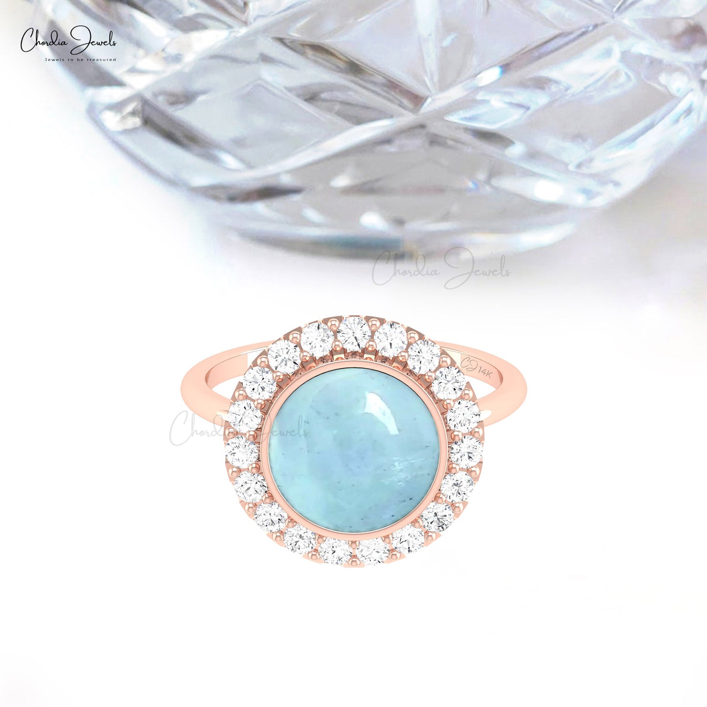 Halo Engagement Ring In 14k Pure Gold Aquamarine 2.45 Ct Cabochon And Diamond Rings