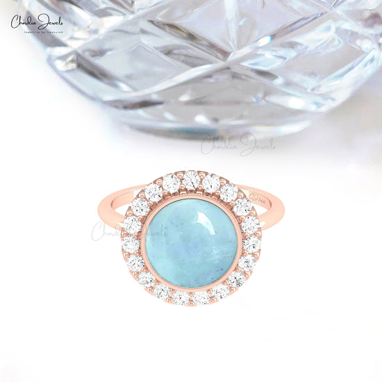 Halo Engagement Ring In 14k Pure Gold Aquamarine 2.45 Ct Cabochon And Diamond Rings