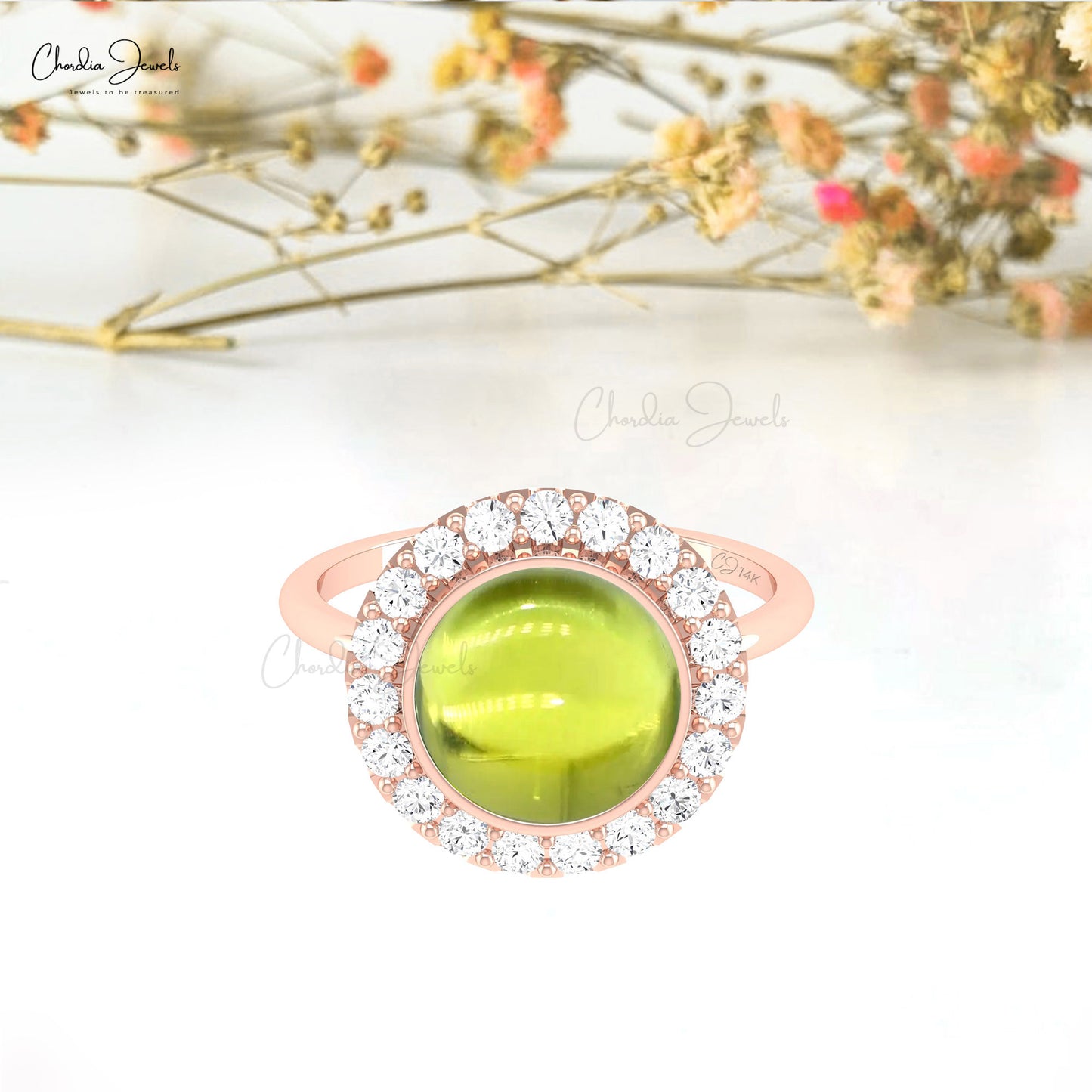 AAA Peridot Cocktail Halo Ring In 14k Pure Gold G-H Diamond Engagement Rings For Her