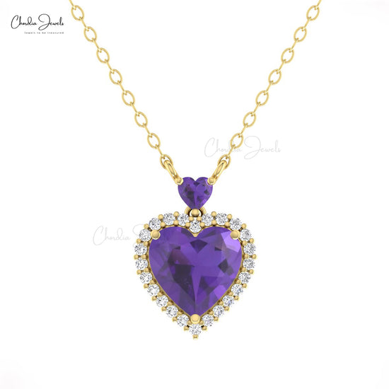 Halo Heart Chain Necklace With 1.75 Ct Amethyst Halo Diamond 14k Real Gold Love Necklaces