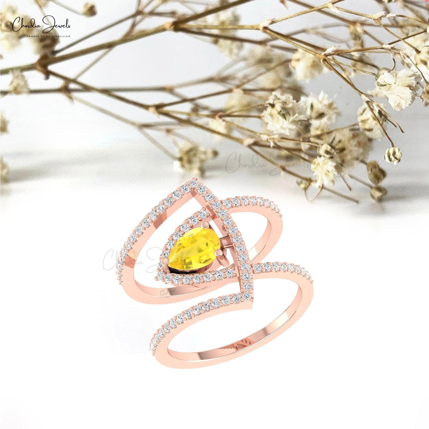 Cocktail Engagement Ring In Real 14k Gold Yellow Sapphire Gemstone Diamond Bridal Rings