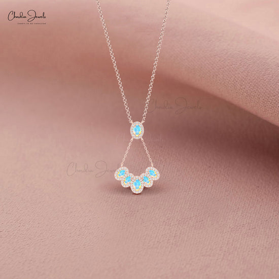 AAA Fire Opal Multi Halo Y Necklace In 14k Solid Gold Diamond Clutser Hallmarked Jewelry