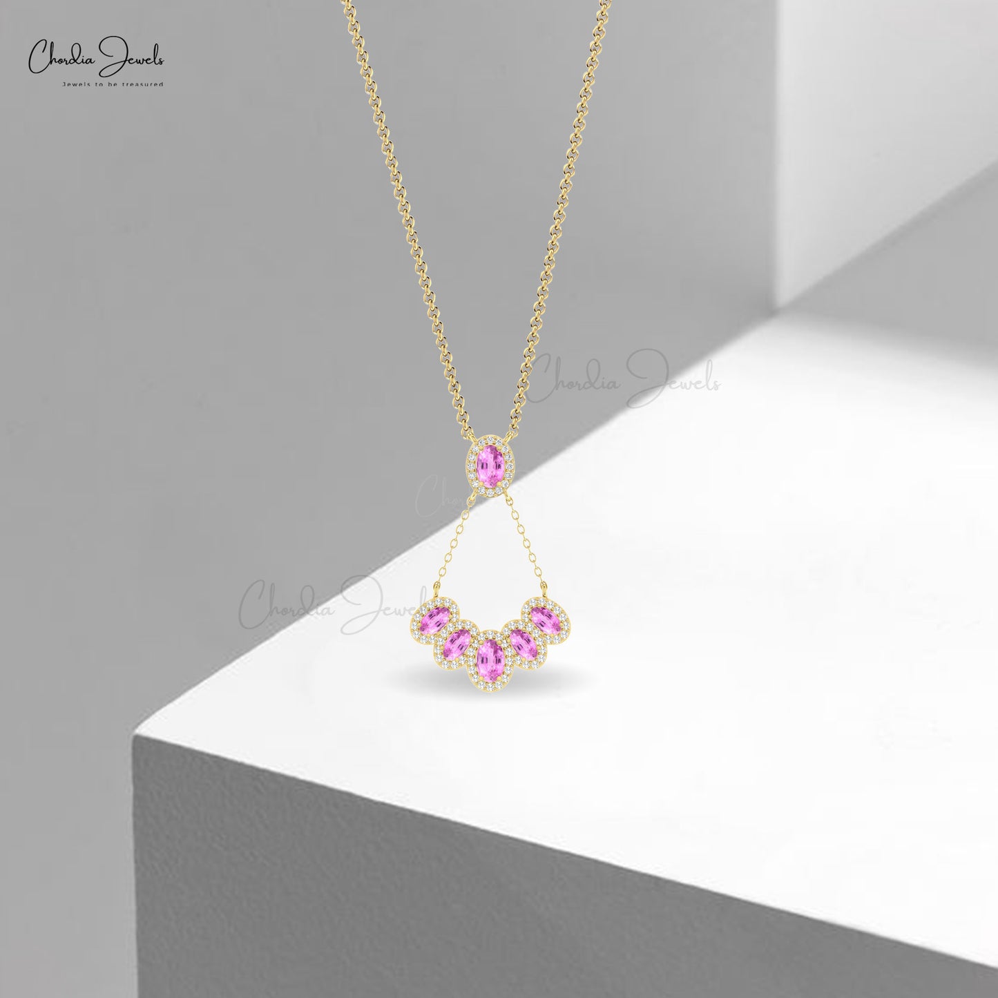 Genuine Oval Pink Sapphire with 14k Solid Gold Diamond Multi Halo Y Shape Necklace