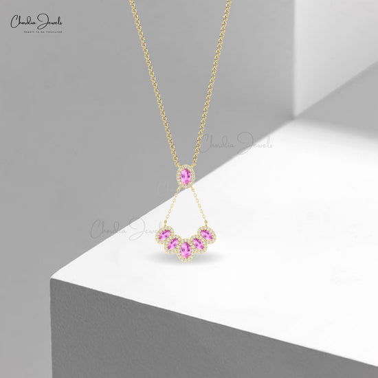 Genuine Oval Pink Sapphire with 14k Solid Gold Diamond Multi Halo Y Shape Necklace