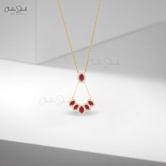 Multi Halo Burma Ruby And Diamond Cluster Necklace in 14k Gold Fine Jewelry